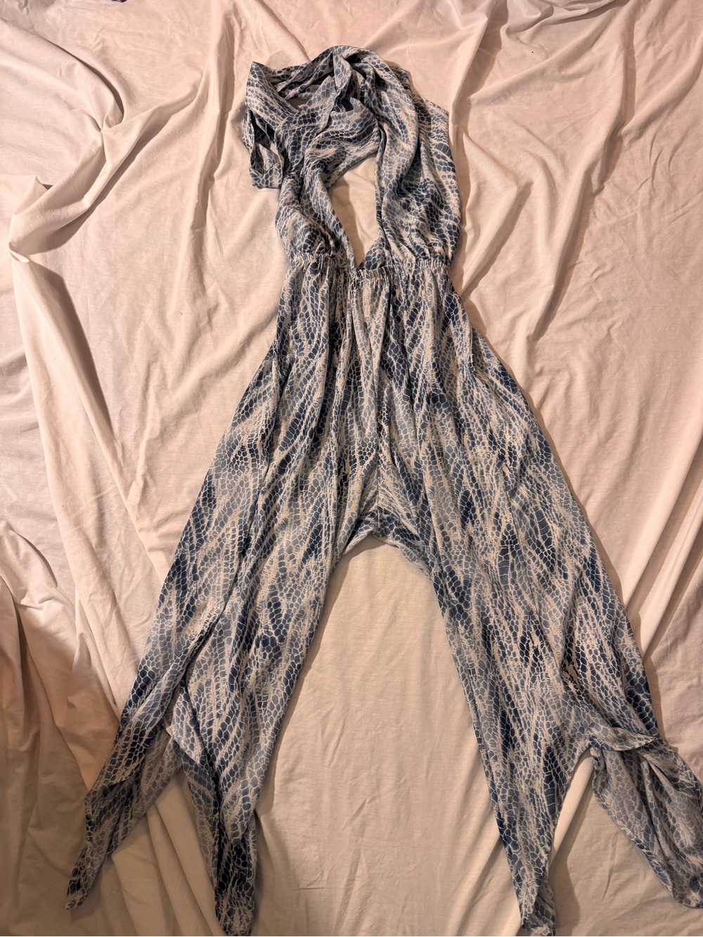 Tyche Blue & Cream Patterned Halter Jumpsuit